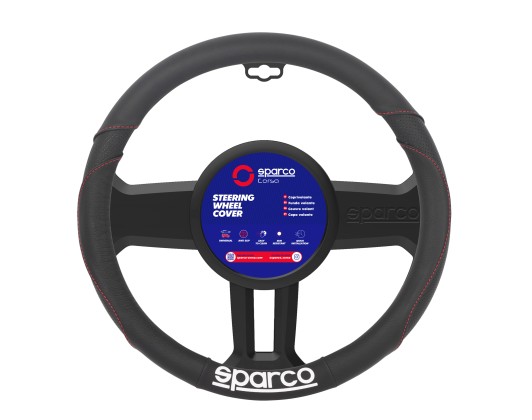 Black Leather Steering Wheel Cover D38cm 1pc Sparco